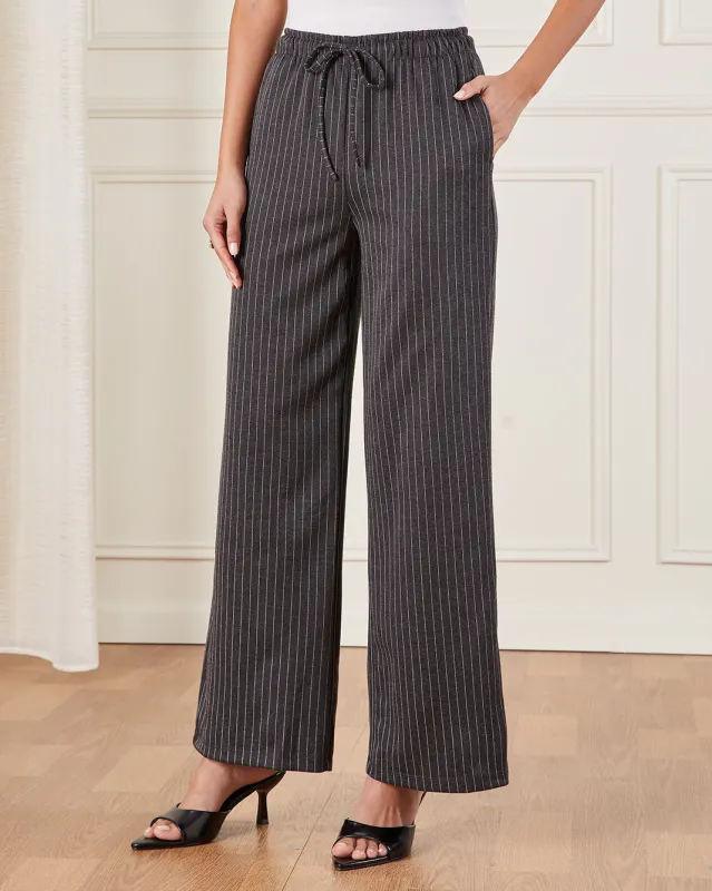 Women Charcoal Striped Wide Leg Trousers sold by Redtag