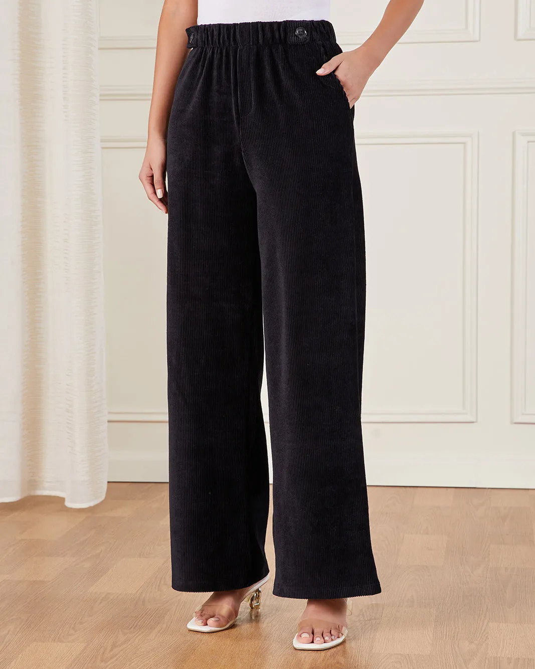 Women Black Ribbed Trousers sold by Redtag