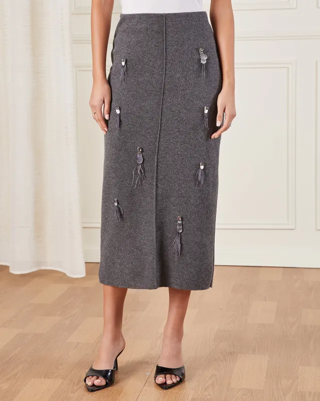Women Grey Embellished Detailed Knitted Midi Skirt sold by Redtag