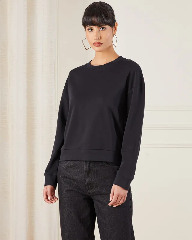Women Black Basic Crew Neck Sweatshirt sold by Redtag