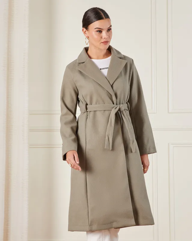 Women Taupe Belted Melton Coat sold by Redtag