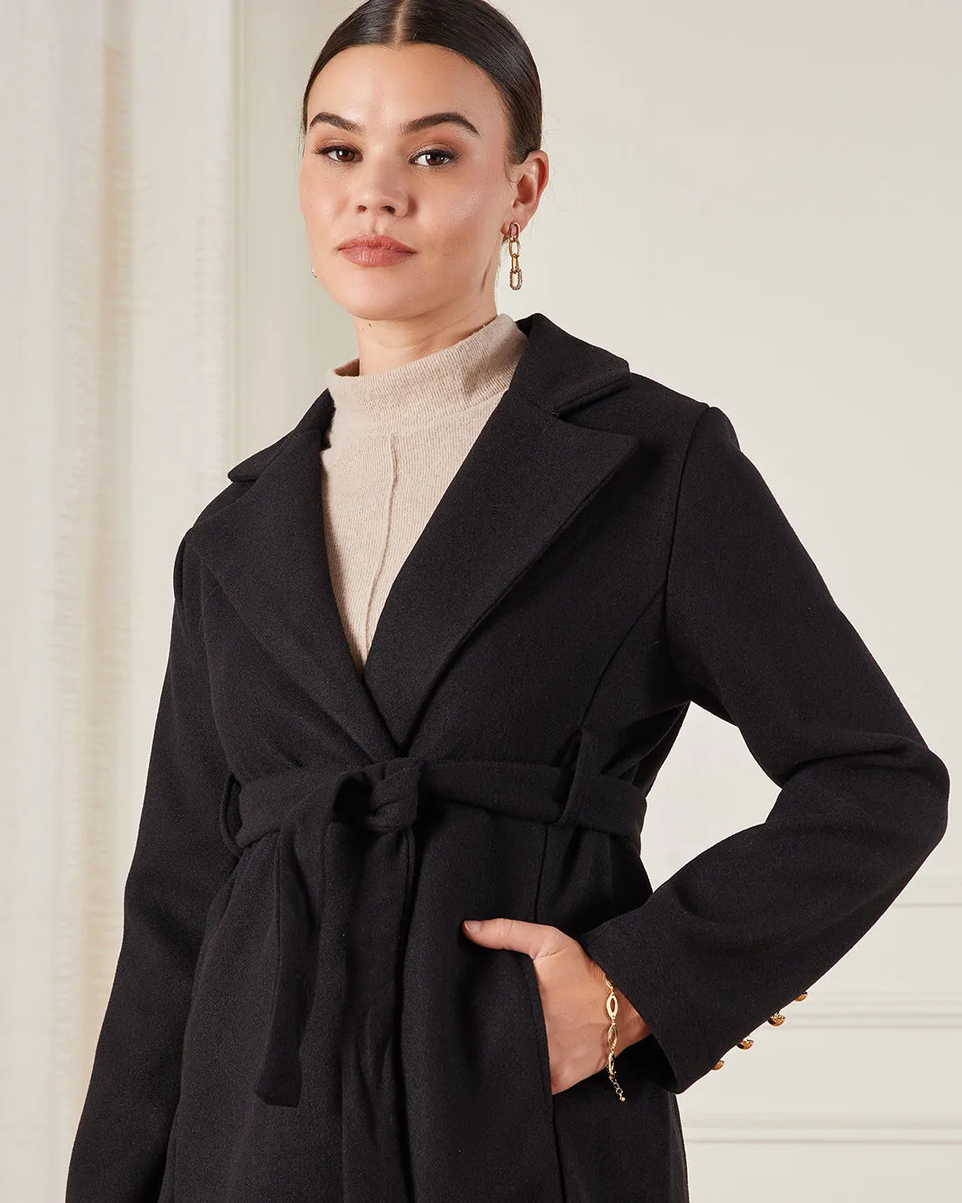 Women Black Long Length Belted Melton Coat sold by Redtag product image thumbnail 4