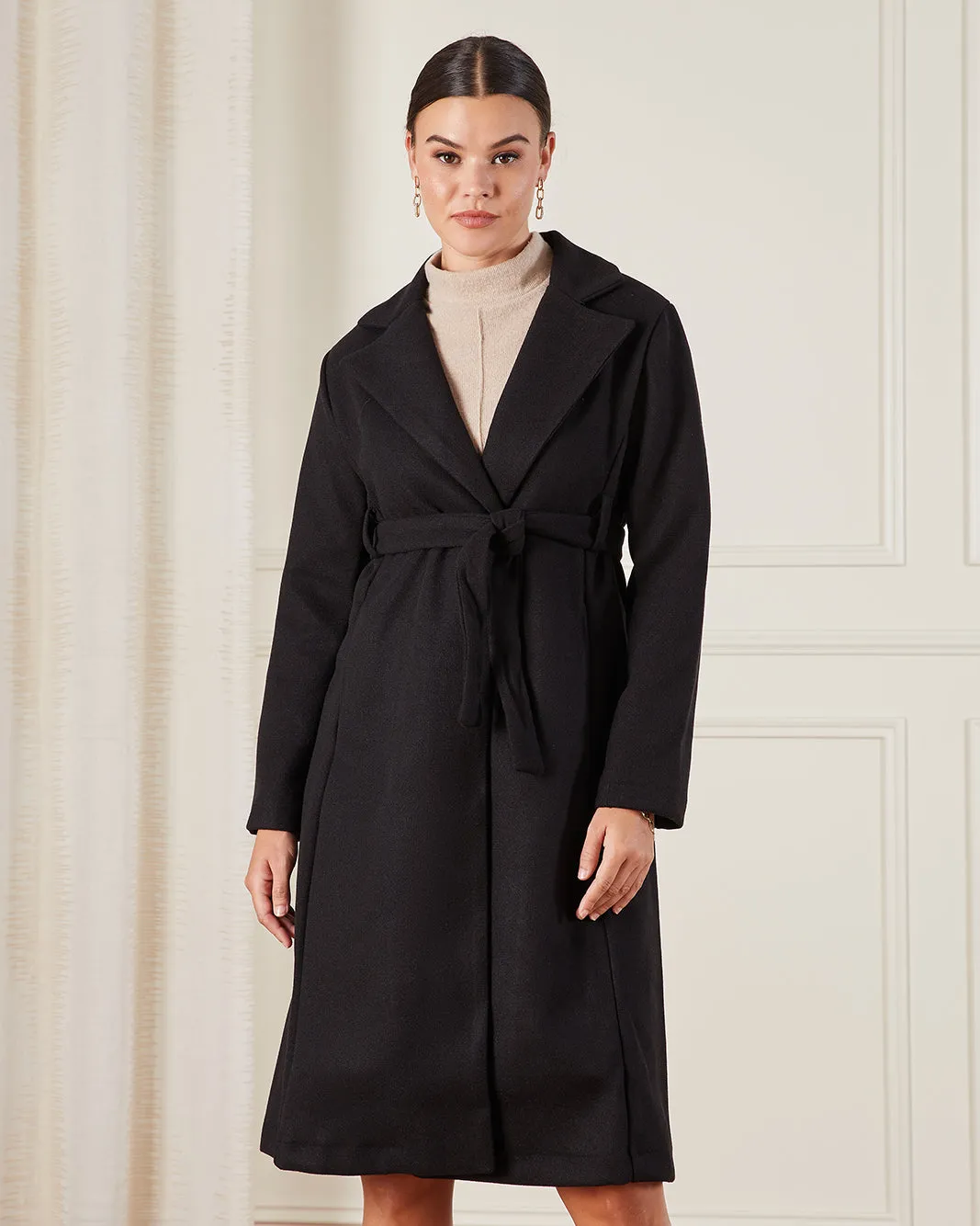 Women Black Long Length Belted Melton Coat sold by Redtag