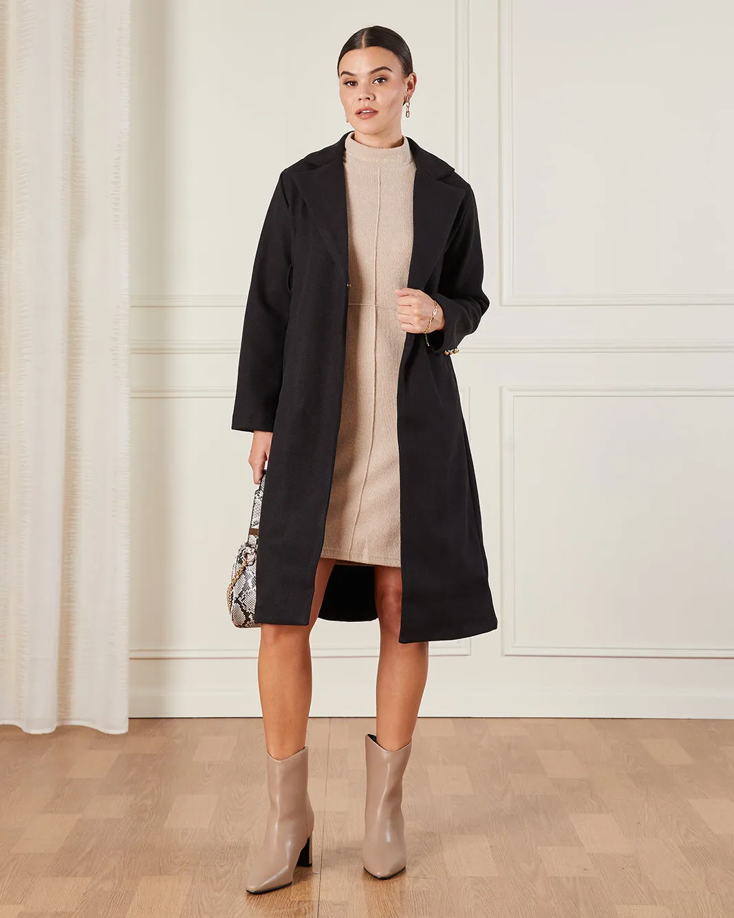 Women Black Long Length Belted Melton Coat sold by Redtag product image thumbnail 2
