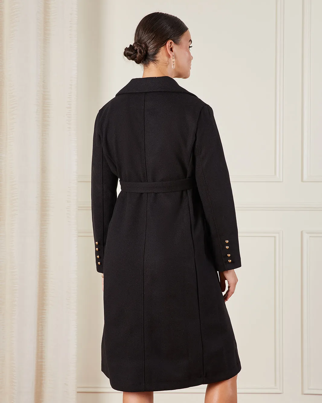 Women Black Long Length Belted Melton Coat sold by Redtag product image thumbnail 3