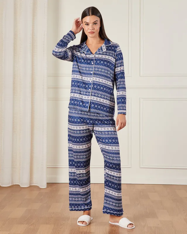 Women Blue Printed Collared Pyjama Set (2 Piece) sold by Redtag