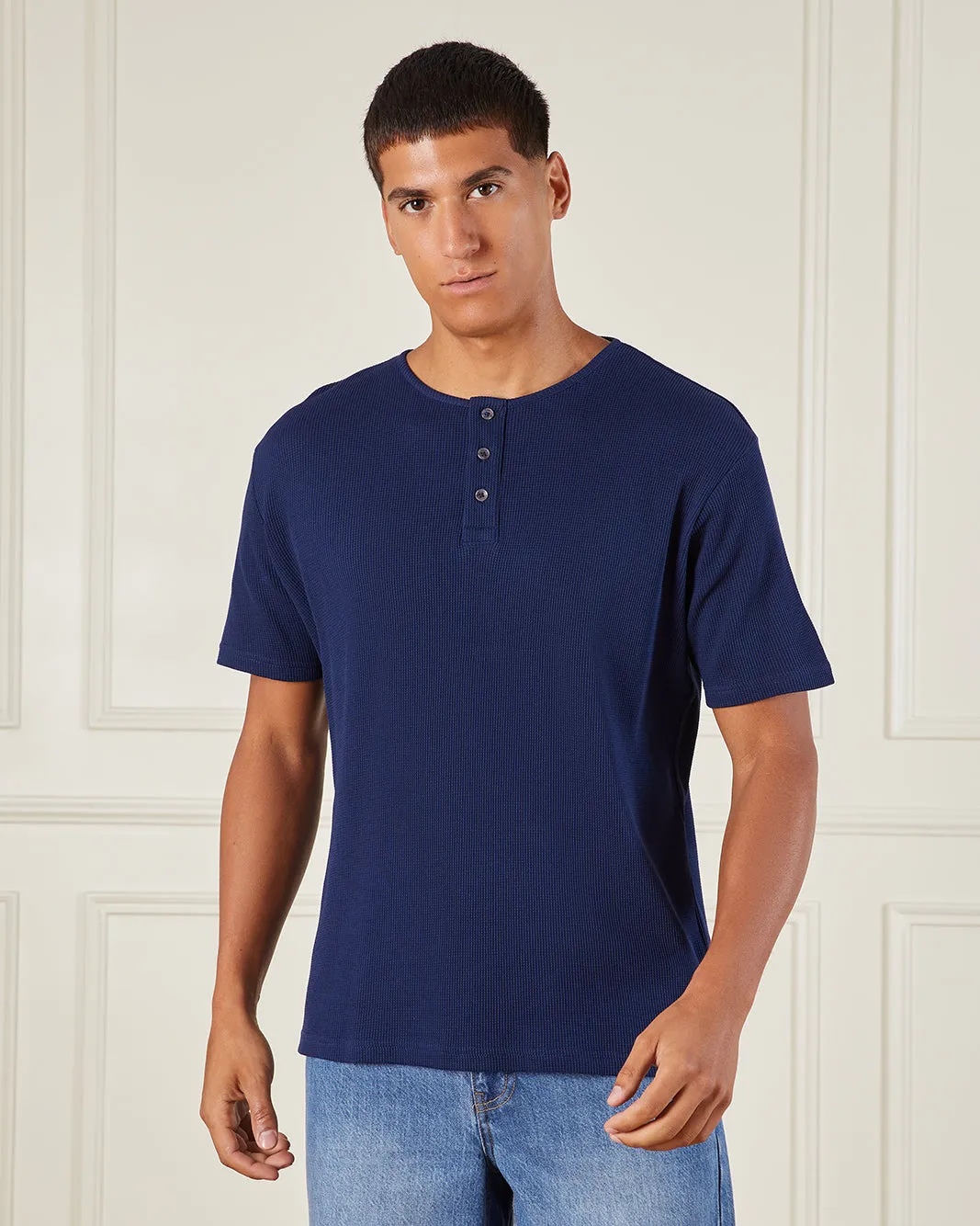 Men NavynKnitted Henley Polo Shirt sold by Redtag