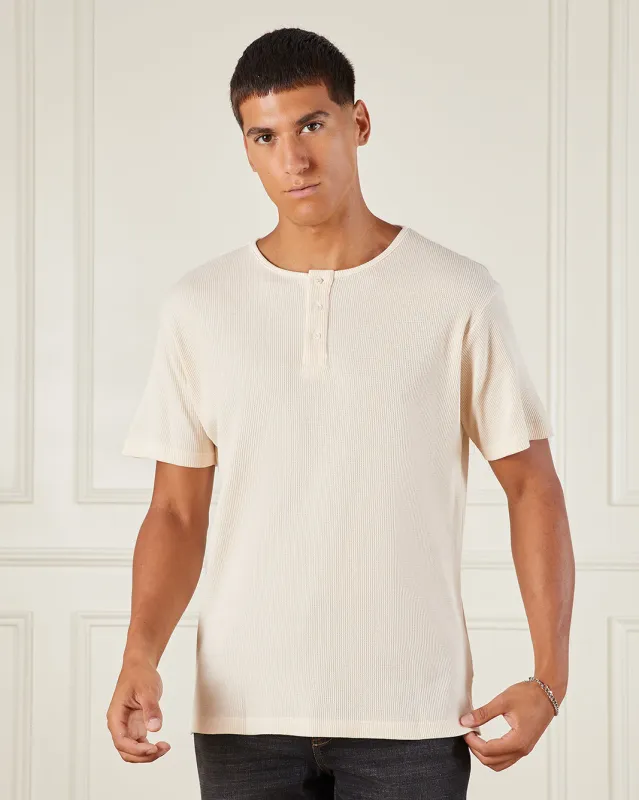 Men Cream Knitted Henley Polo Shirt sold by Redtag