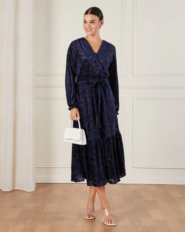 Women Navy Velour Textured Belted Wrap Dress sold by Redtag