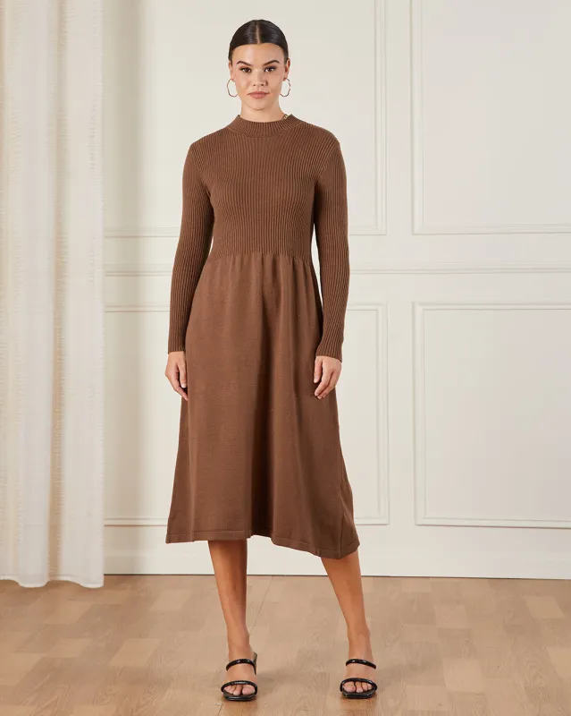 Women Brown Closed Neck A Line Midi Dress sold by Redtag