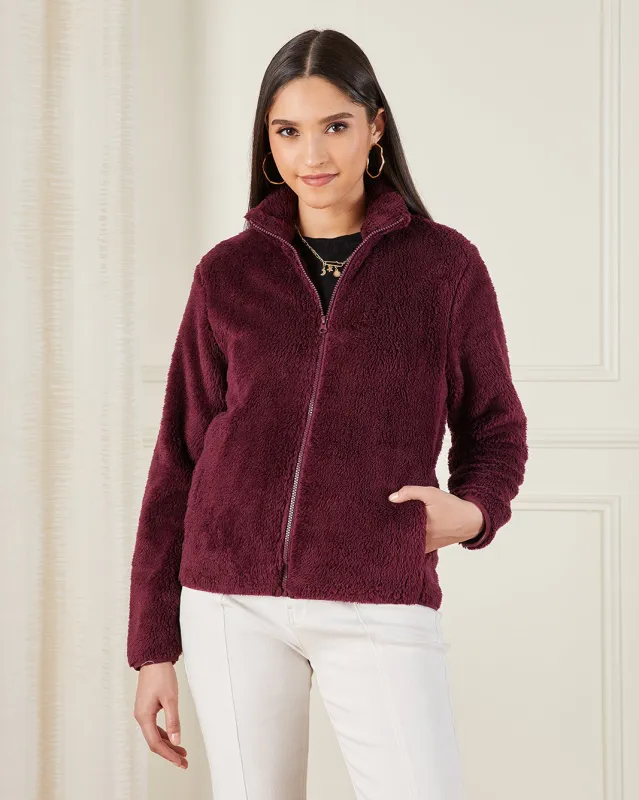 Women Burgundy High Neck Fur Jacket sold by Redtag