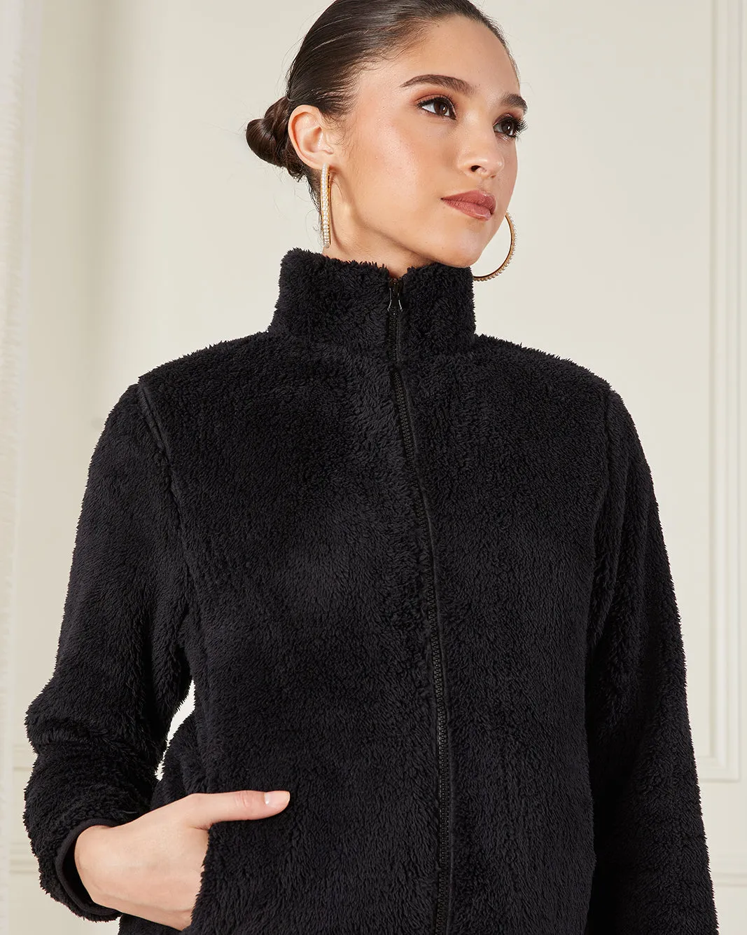 Women Black High Neck Fur Jacket sold by Redtag product image thumbnail 4