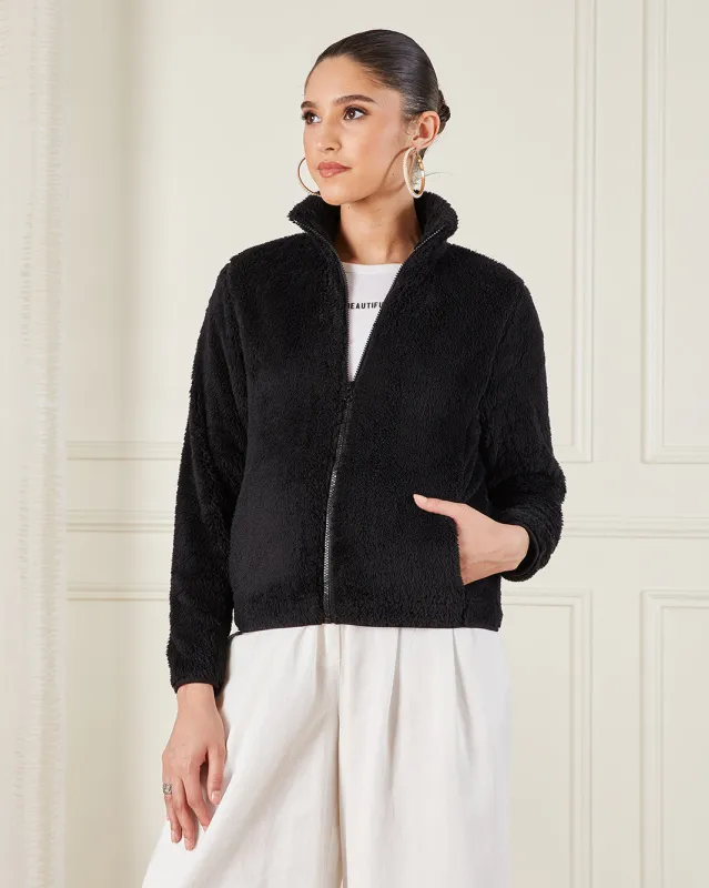 Women Black High Neck Fur Jacket sold by Redtag