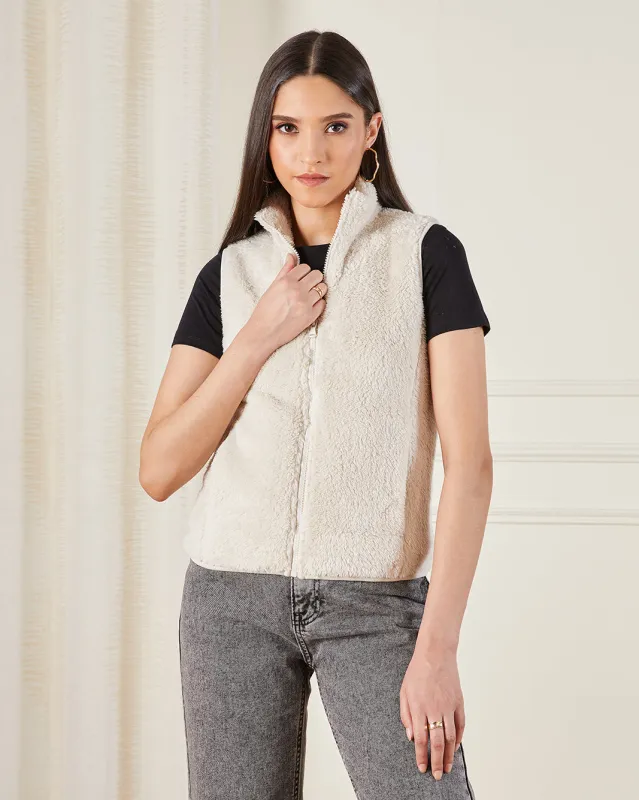 Women Ivory High Neck Sleeveless Fur Jacket sold by Redtag