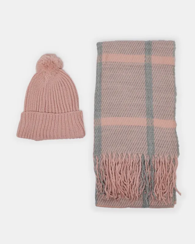 Women Pink And Grey Knitted Scarf With Cap (2 Piece) sold by Redtag