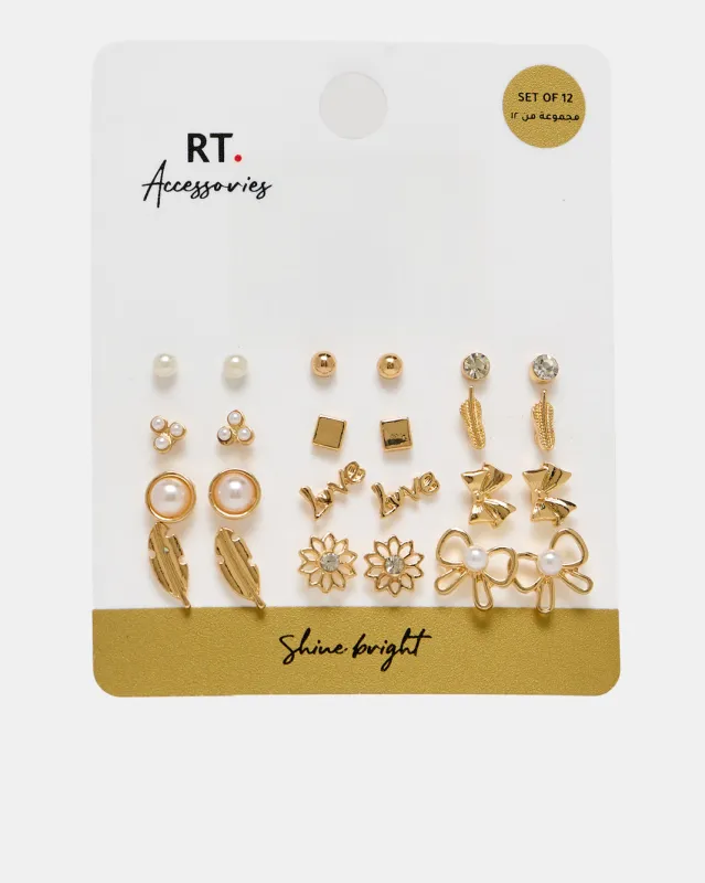 Women Gold Embellished Studs Set (12 Piece) sold by Redtag