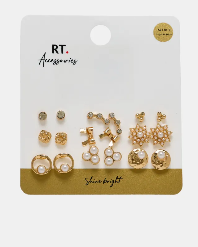 Women Gold Embellished Studs Set (9 Piece) sold by Redtag