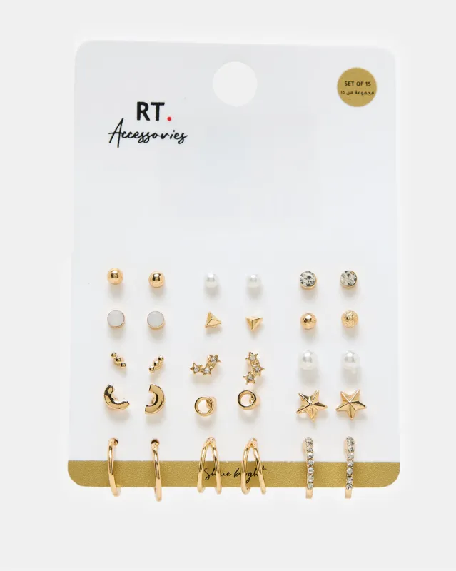 Women Gold Embellished Studs Set (15 Piece) sold by Redtag