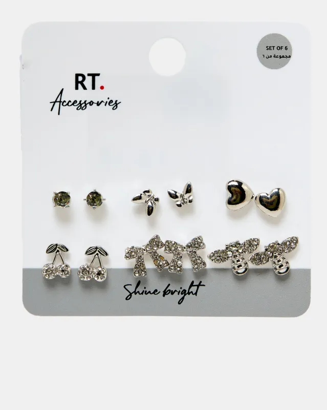 Women Silver Embellished Studs (6 Pairs) sold by Redtag