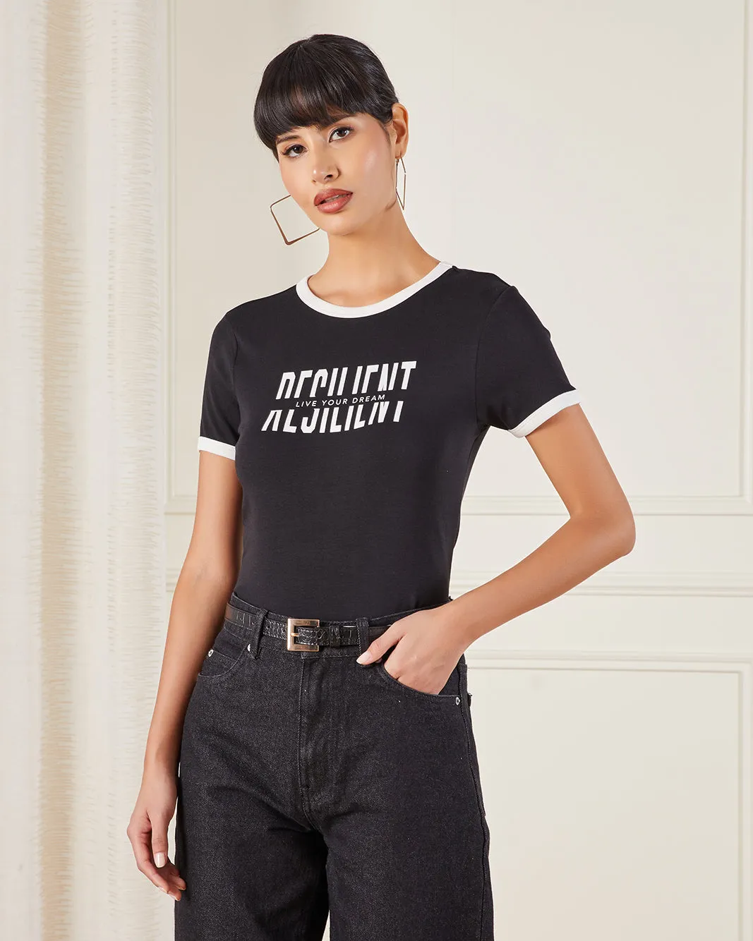 Women Black Printed Rib T-Shirt sold by Redtag