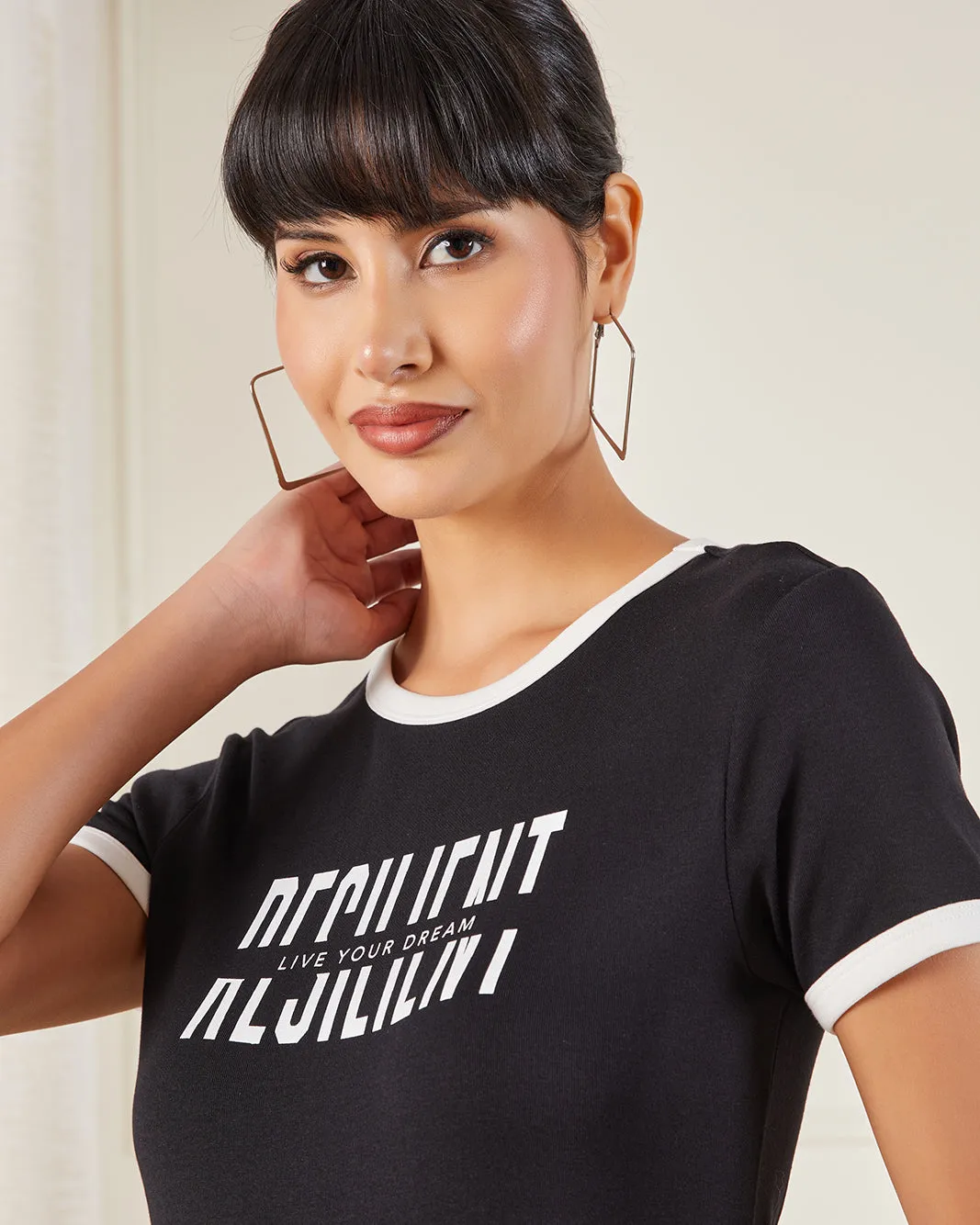 Women Black Printed Rib T-Shirt sold by Redtag product image thumbnail 4