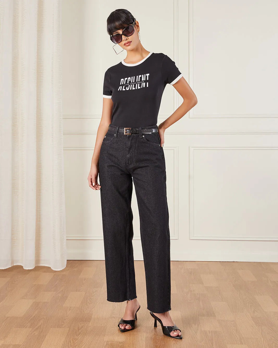 Women Black Printed Rib T-Shirt sold by Redtag product image thumbnail 2