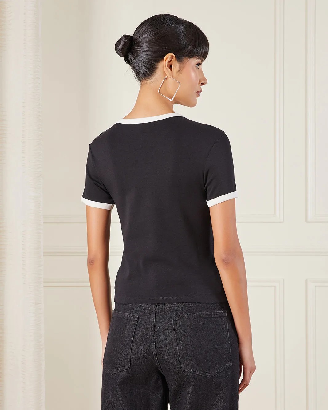 Women Black Printed Rib T-Shirt sold by Redtag product image thumbnail 3