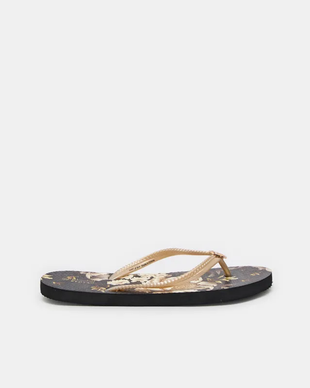 Women Black Floral Print Flip Flop sold by Redtag