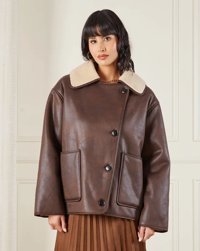 Women Brown Collared Sherpa Jacket sold by Redtag