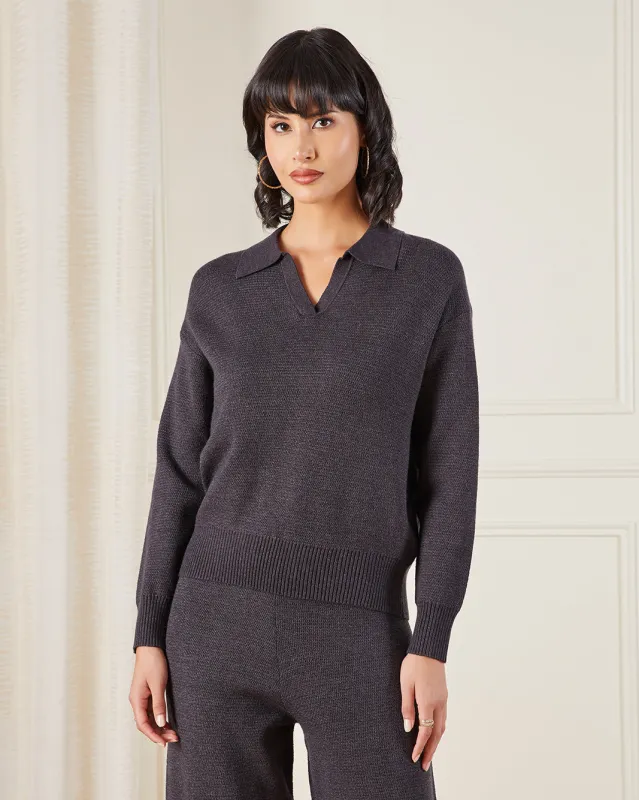 Women Grey Long Sleeve Knitted Polo Collar Pullover sold by Redtag