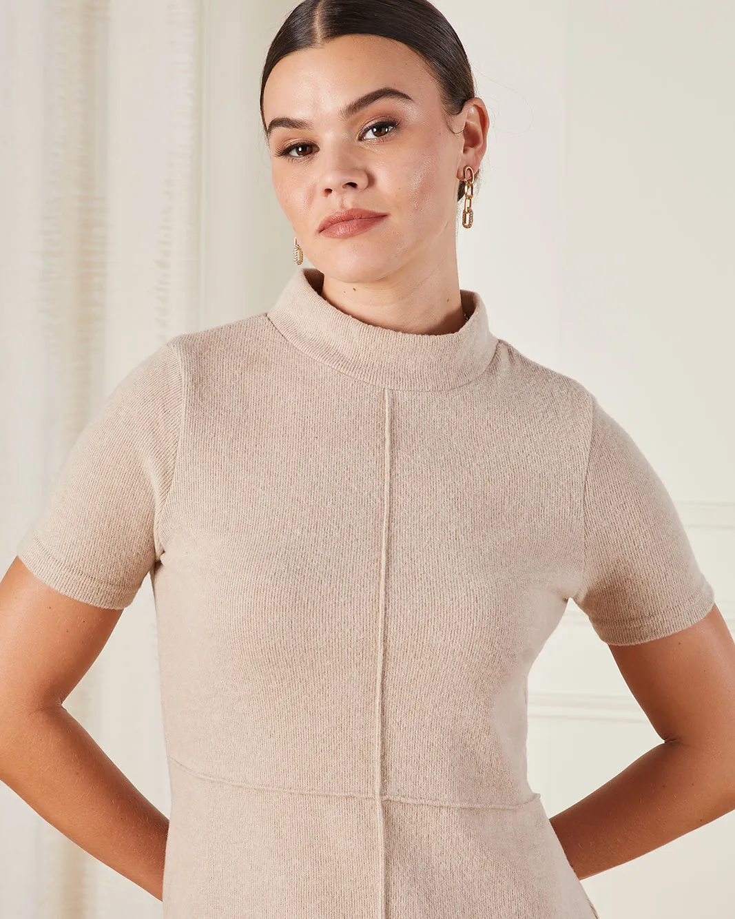 Women Beige High Neck Detailed Knit Dress sold by Redtag product image thumbnail 4