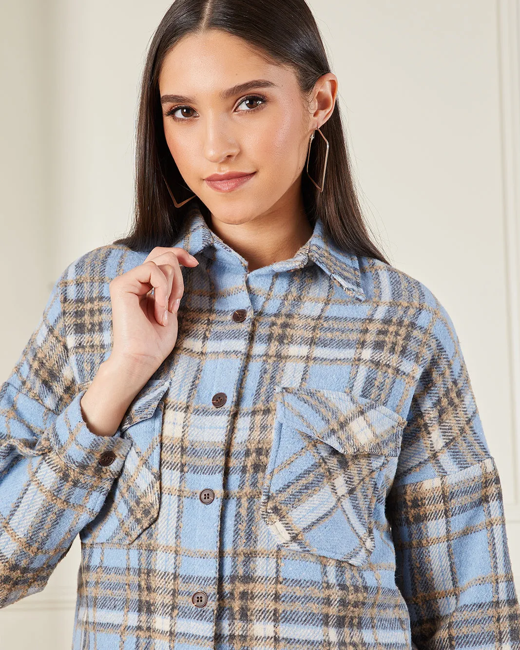 Women Beige And Blue Checkered Shacket sold by Redtag product image thumbnail 4