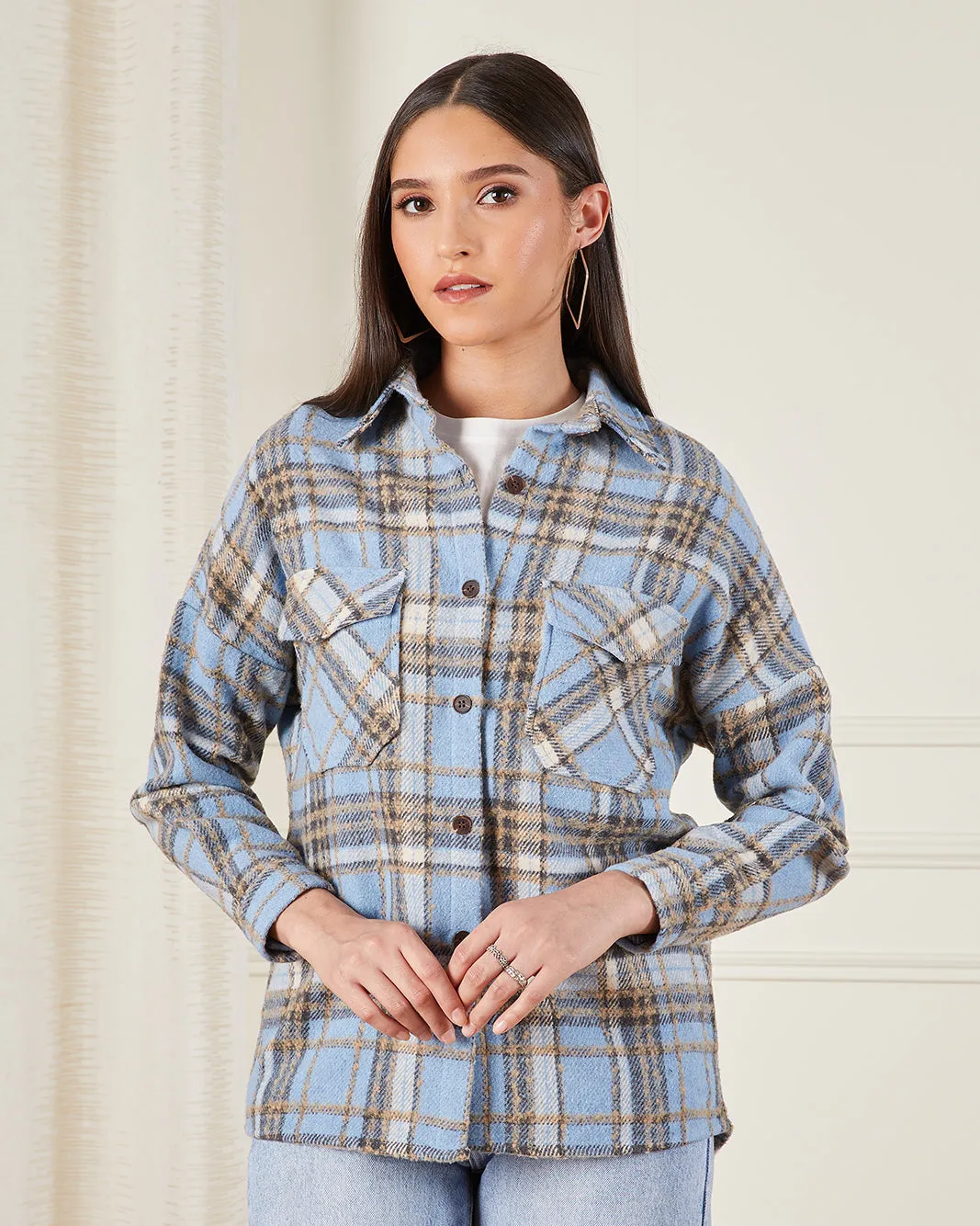 Women Beige And Blue Checkered Shacket sold by Redtag