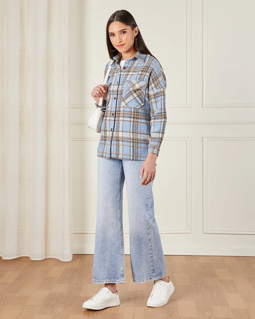 Women Beige And Blue Checkered Shacket sold by Redtag product image thumbnail 2
