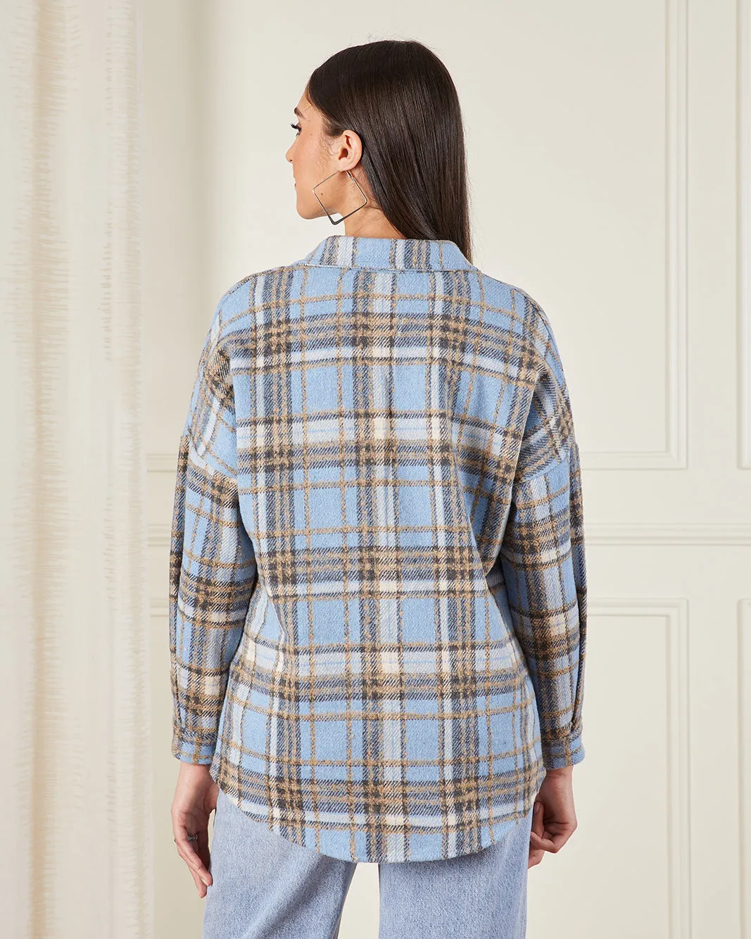 Women Beige And Blue Checkered Shacket sold by Redtag product image thumbnail 3
