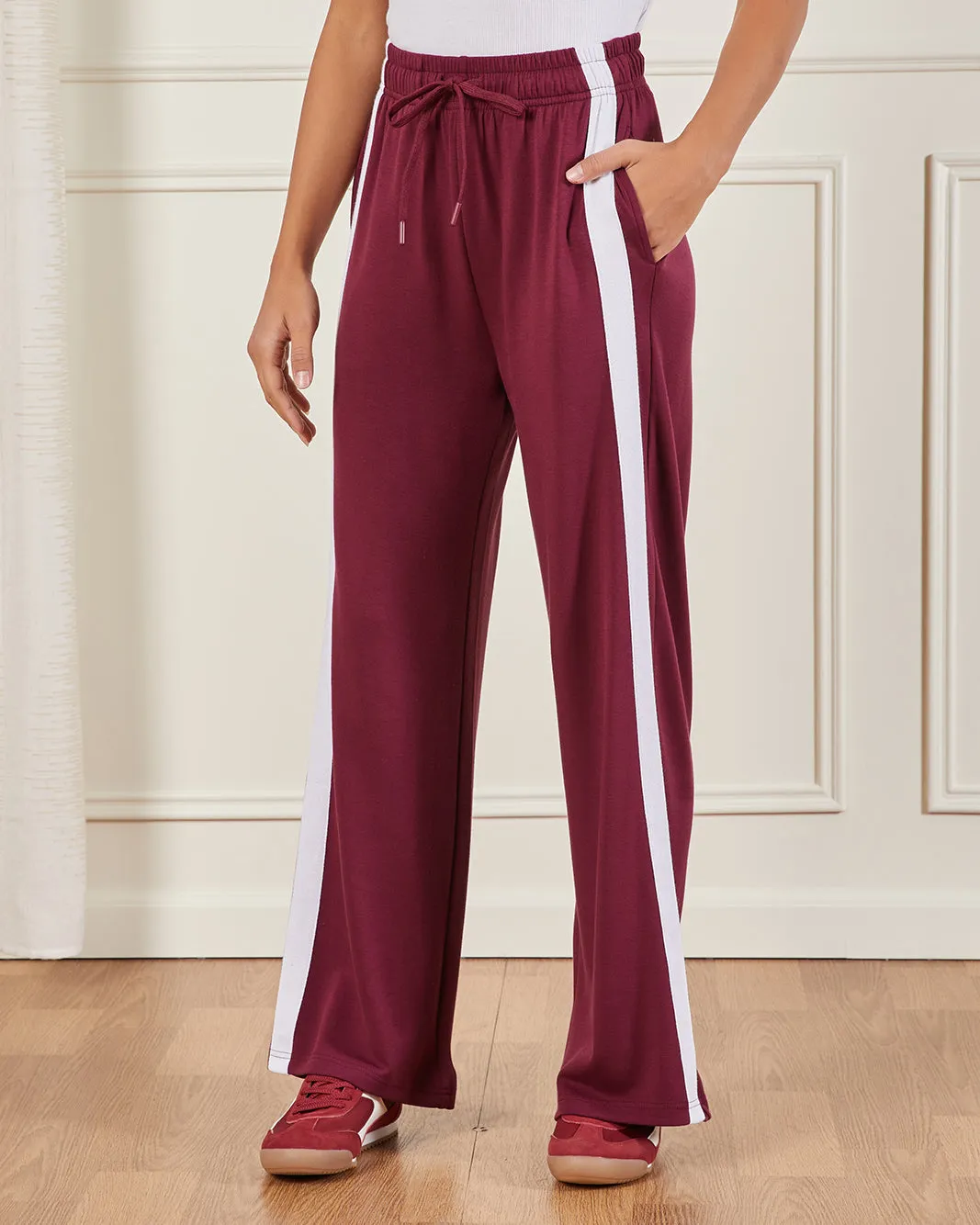 Women Burgundy Sidetape Detail Active Pant sold by Redtag