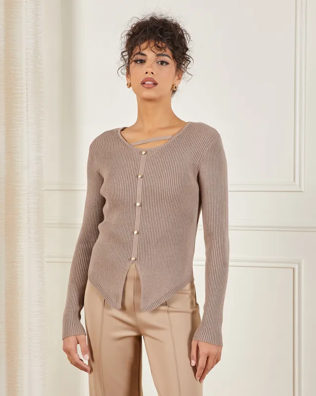 Women Beige Neck Detailed Ribbed Cardigan sold by Redtag