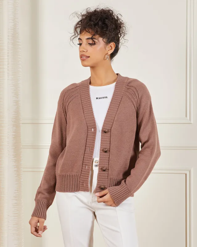 Women Brown Button Front Knit Cardigan sold by Redtag