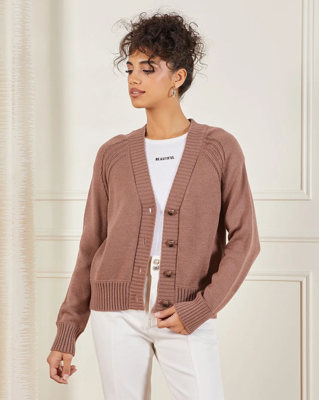 Women Brown Button Front Knit Cardigan sold by Redtag
