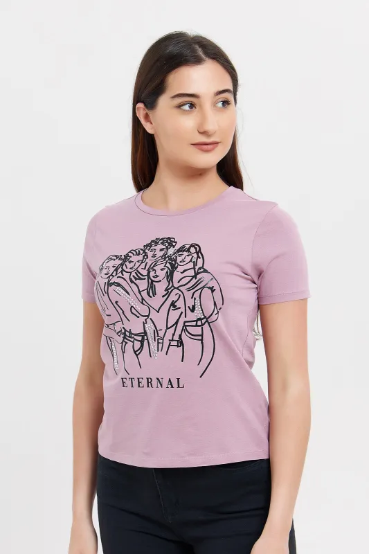 Women Mauve Eternal Embellishment T-Shirt sold by Redtag