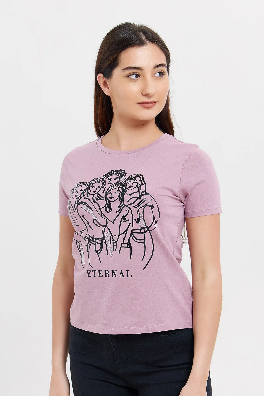 Women Mauve Eternal Embellishment T-Shirt sold by Redtag