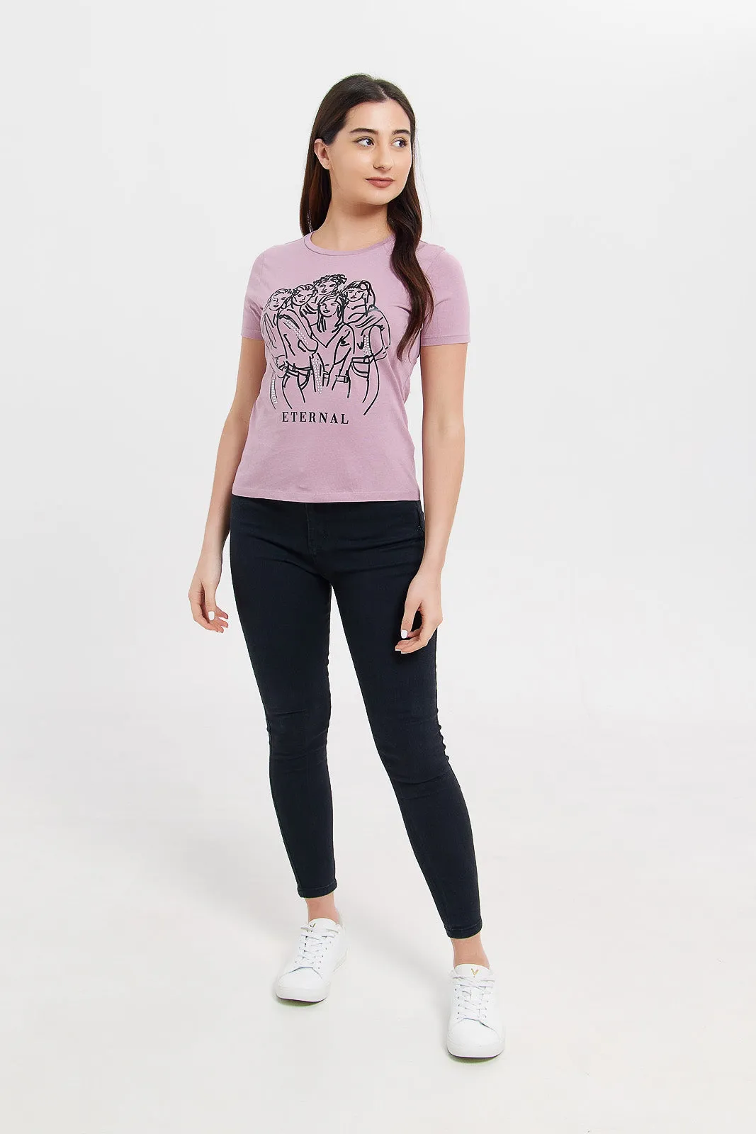 Women Mauve Eternal Embellishment T-Shirt sold by Redtag product image thumbnail 2