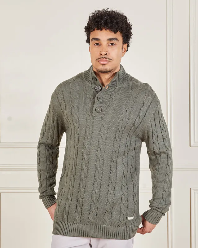Men Olive Button Placket Cabel Knit Sweater sold by Redtag