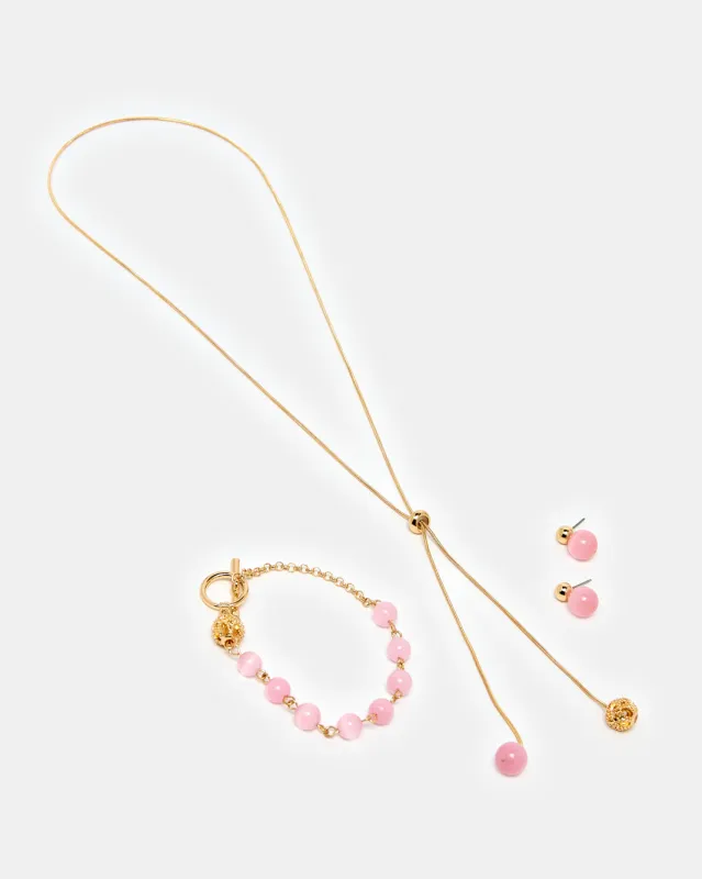 Women Gold And Pink Embellished Necklace Set (3 Piece) sold by Redtag