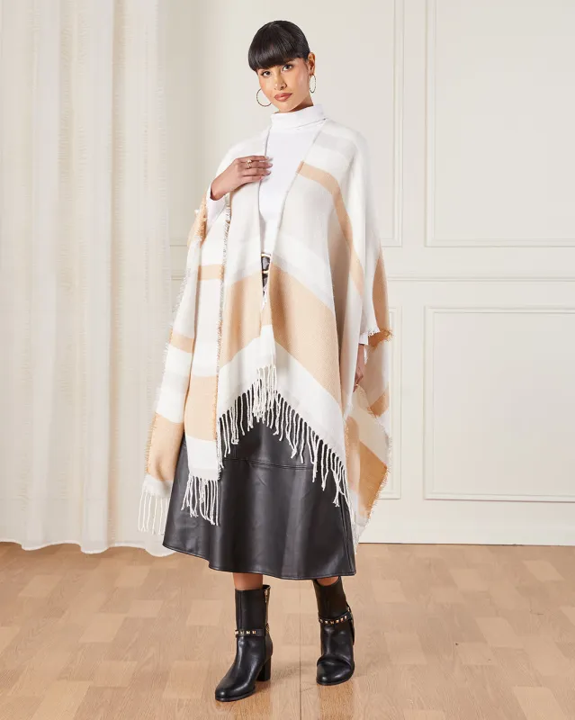 Women Beige Jacquard Border Poncho sold by Redtag