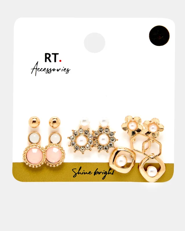 Women Gold Embellished Earring Set (8 Pairs) sold by Redtag