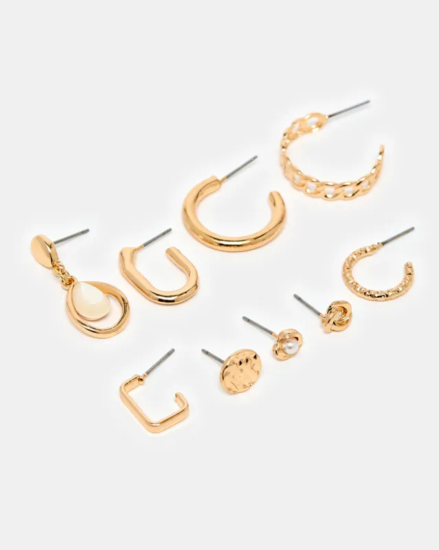 Women Gold Embellished Earring Set (9 Pairs) sold by Redtag