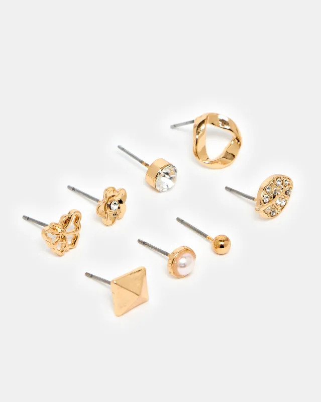 Women Gold Embellished Earring Set (8 Pairs) sold by Redtag