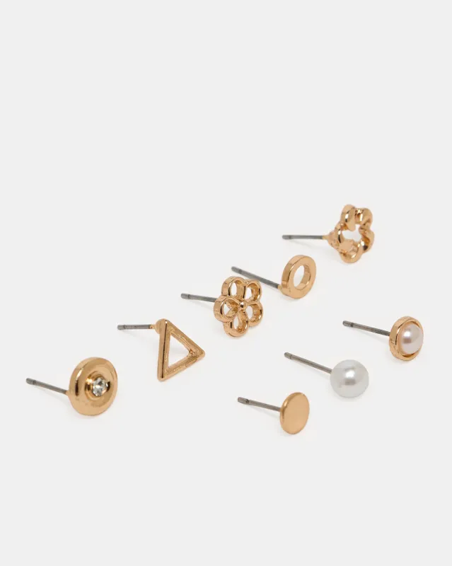 Women Gold Embellished Earring Set (8 Pairs) sold by Redtag