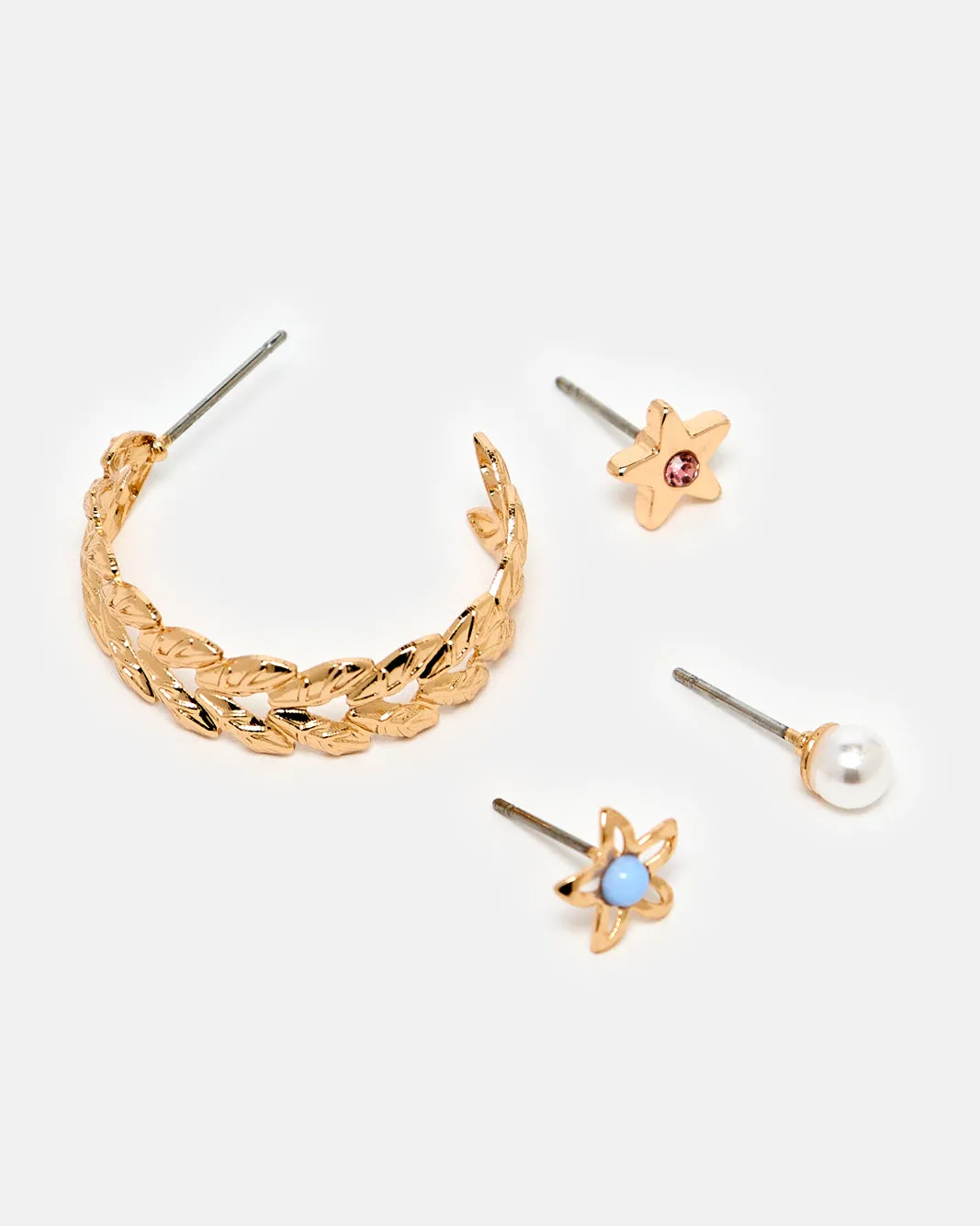 Women Gold Embellished Earring Set (3 Pairs) sold by Redtag